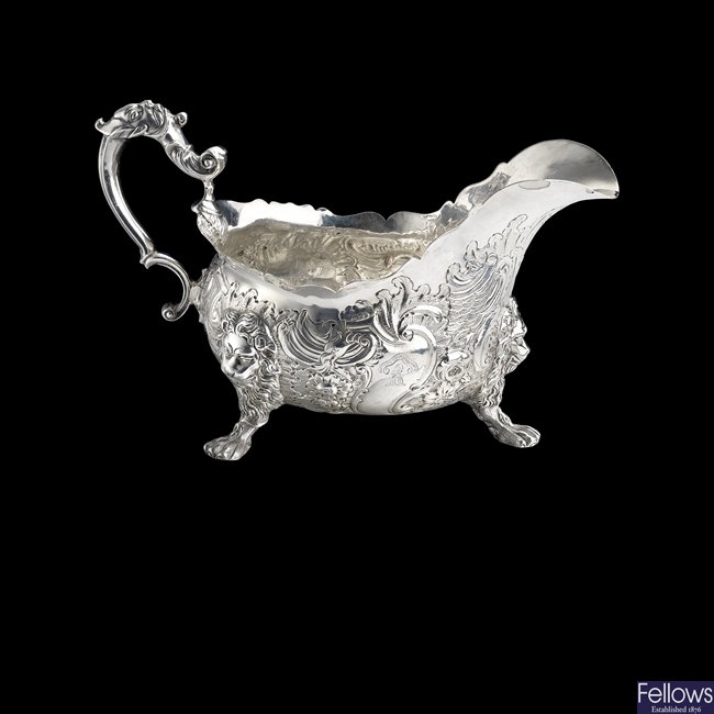 Victorian ornate silver sauce boat by Richard Sibley II London 1844.