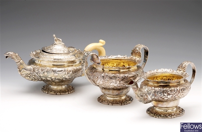 George IV silver composite three piece silver tea service.