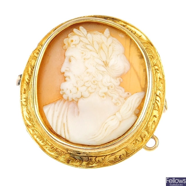 A late 19th century cameo brooch with gold surround. AF.