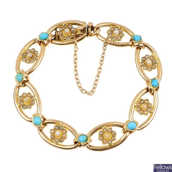 An early 20th century gold seed pearl and turquoise flower bracelet.