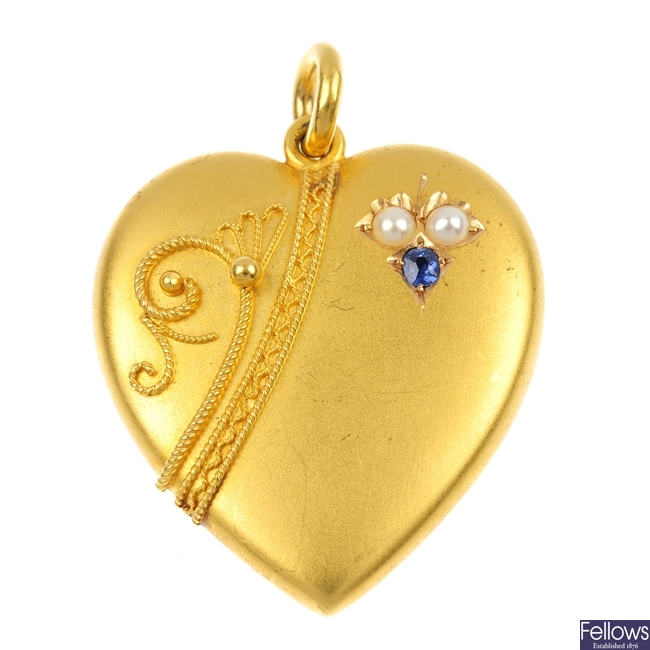A late 19th century 15ct gold sapphire and seed pearl pendant.