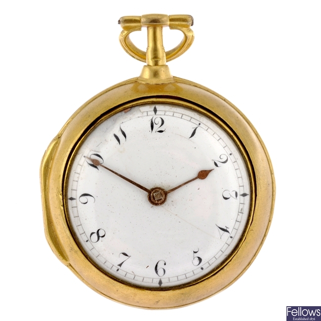 A possibly George III gilt key wind pair case pocket watch signed John Retford, London. A/F.