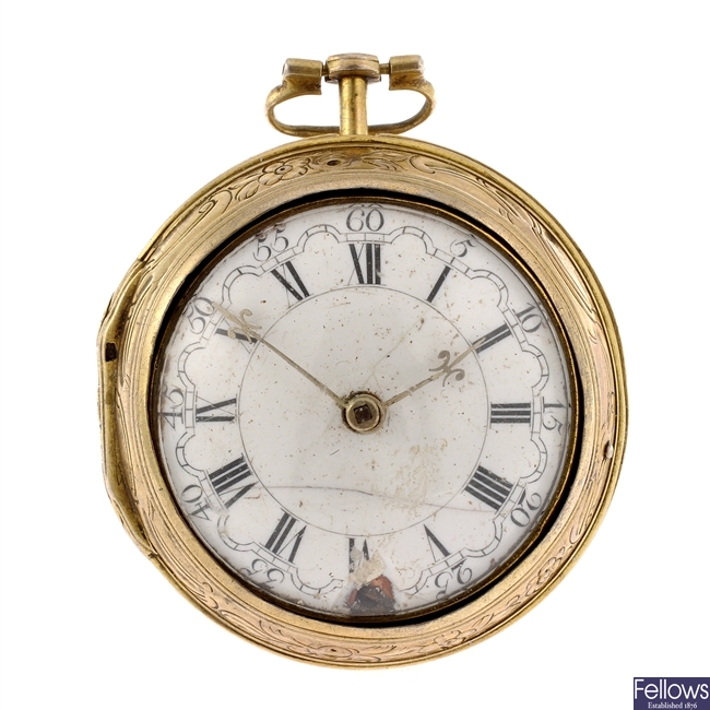 A possibly George III 18ct gold key wind pair case pocket watch signed Tarts, London.