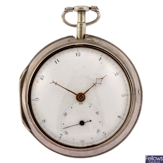 A George III silver key wind pair case pocket watch signed Henry Overall, Dover.