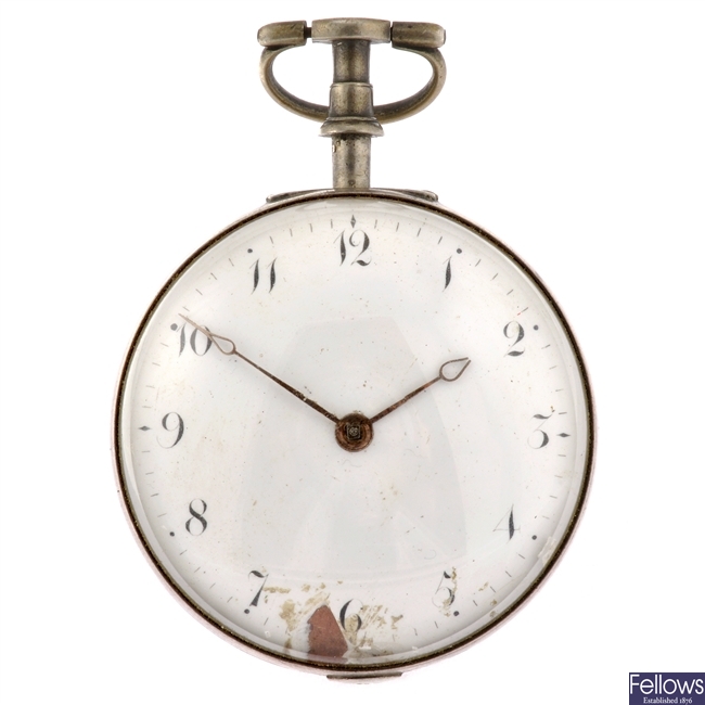 A George III silver key wind pair case pocket watch signed Richard Honychurch, London.