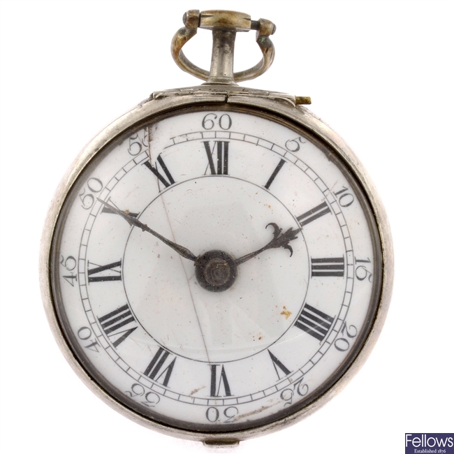 A George III silver key wind pair case pocket watch signed John Daley, London.