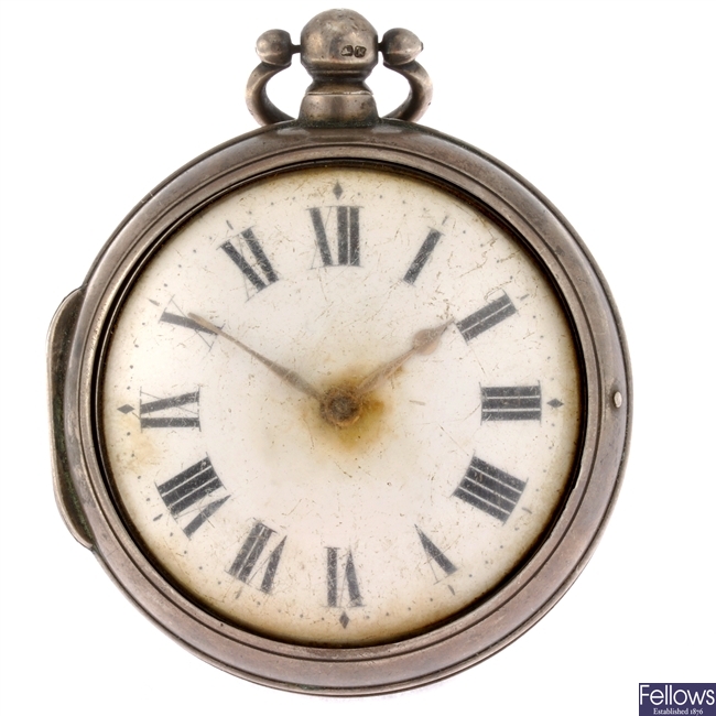 A George IV silver key wind pair case pocket watch signed Edward Crow, Faversham.