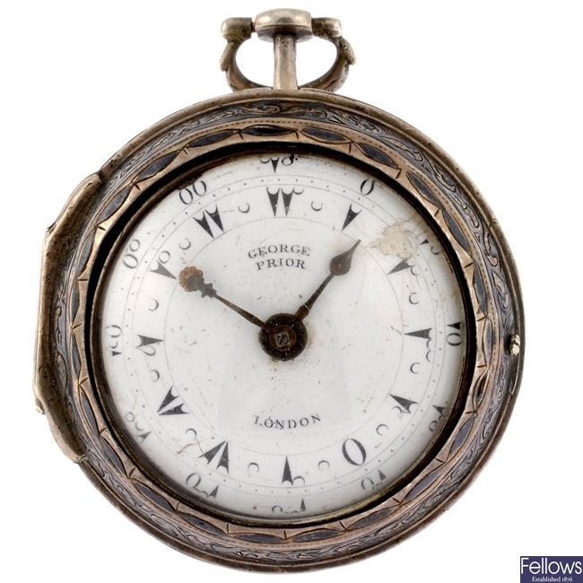 A George III silver key wind pair case pocket watch signed George Prior, London.