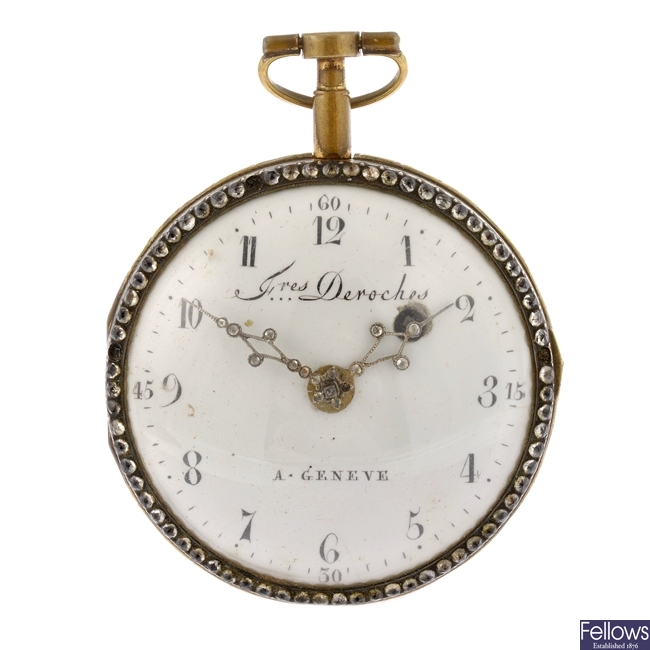 A decorated enamel key wind stone set open face pocket watch signed Fres Deroche, Geneve.