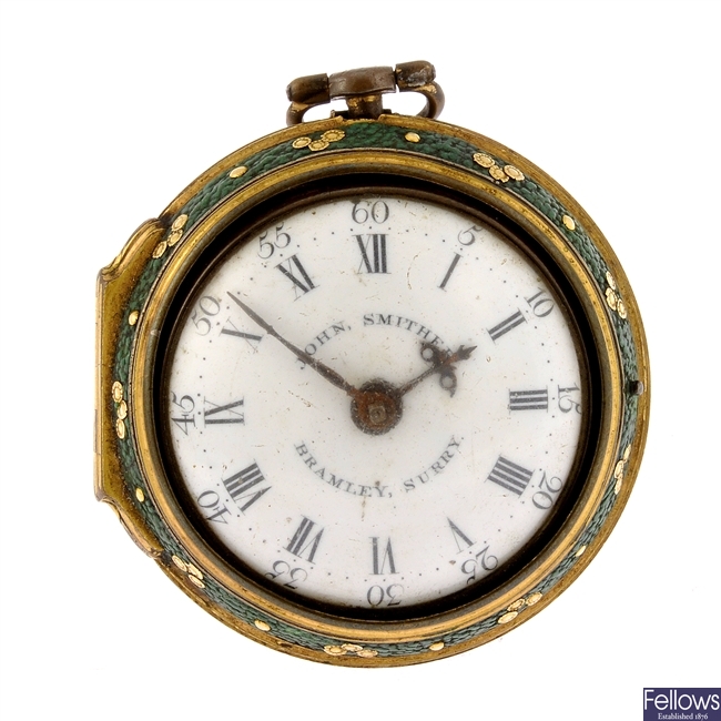 A possibly George III gilt key wind pair case pocket watch signed John Smither, London.