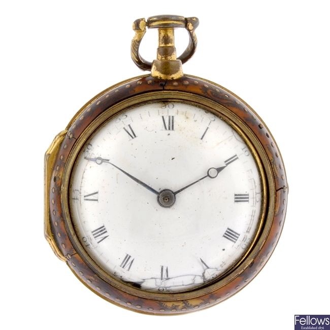 A possibly George III gilt key wind pair case pocket watch signed J Thornton, London. A/F.