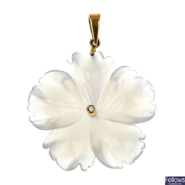 A chalcedony and diamond floral pansy pendant.