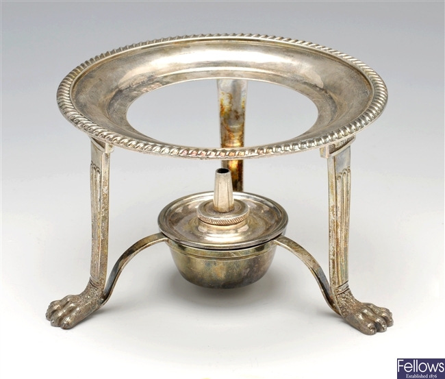 Victorian silver spirit kettle stand and burner.