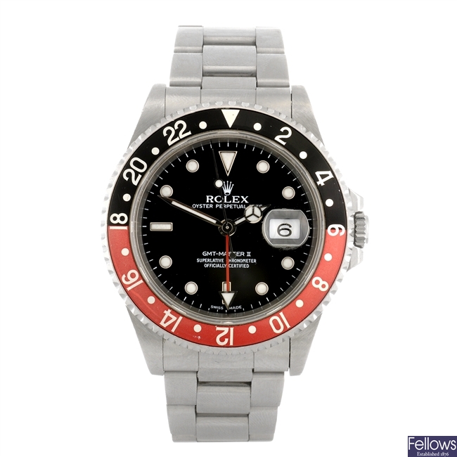 A stainless steel automatic gentleman's Rolex Oyster Perpetual GMT-Master II bracelet watch.