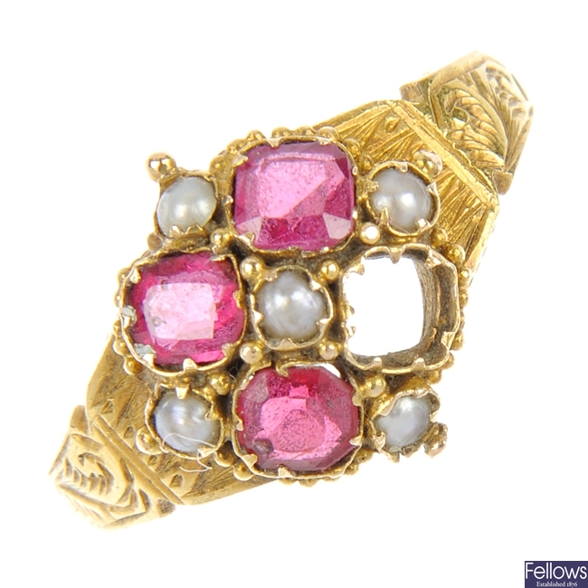 A 15ct gold gem-set ring and an opal bar brooch.