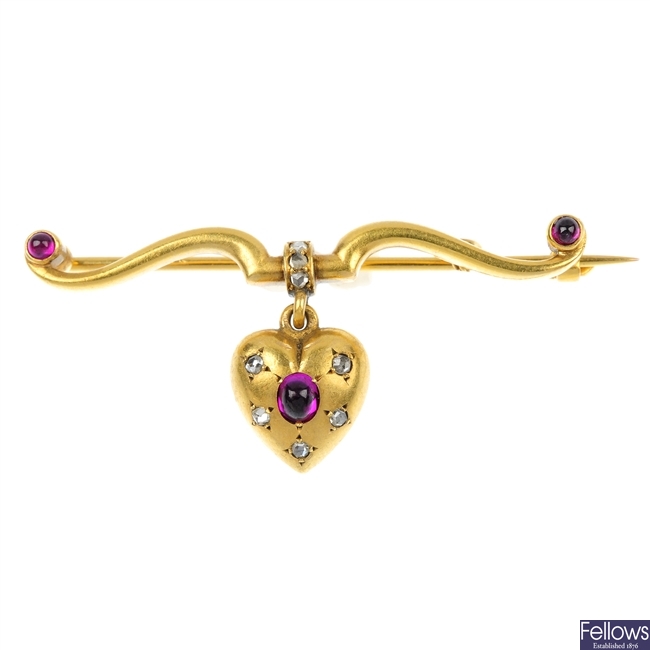 A late 19th century French synthetic ruby and diamond bar-brooch.