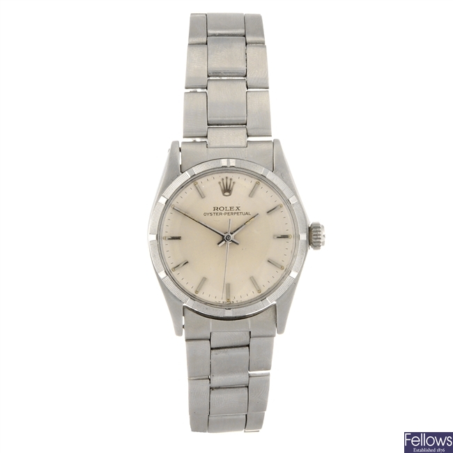 A stainless steel automatic mid-size Rolex Oyster Perpetual bracelet watch.