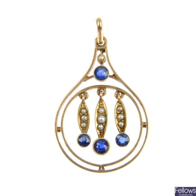 An early 20th century 15ct gold sapphire and split pearl pendant.