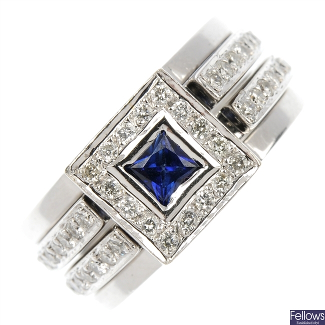 A sapphire and diamond ring and two diamond rings.