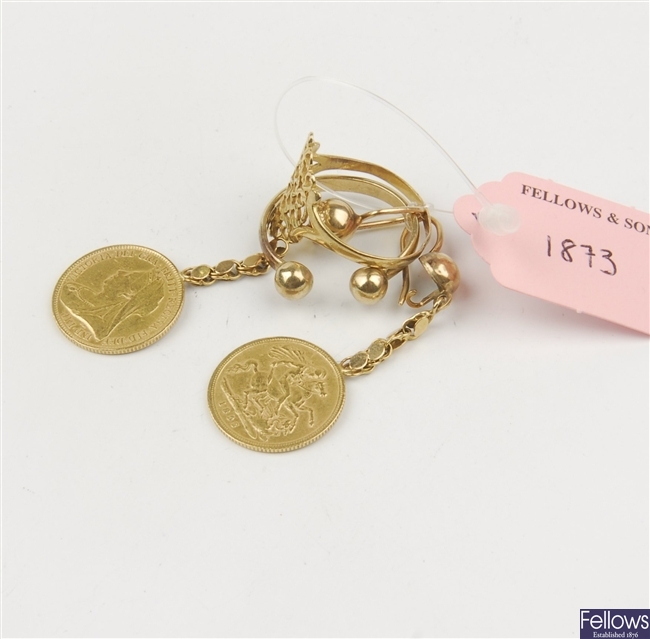 (931001156) two mounted coins, two assorted rings