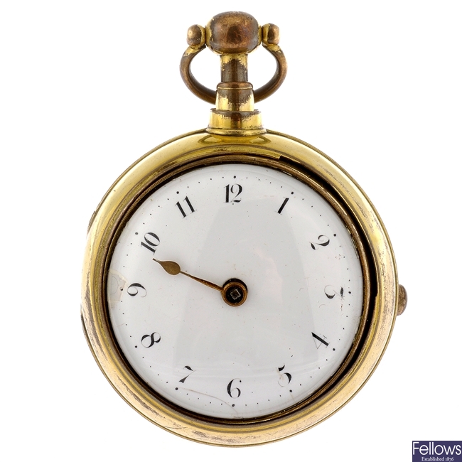 An early 18th century gilt key wind pair case repeater pocket watch signed Paul Dupin, London.