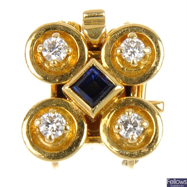 MIKIMOTO - an 18ct gold sapphire and diamond clasp.
