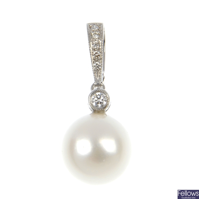 An 18ct gold cultured pearl and diamond pendant. 