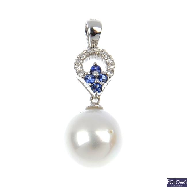 An 18ct gold cultured pearl, sapphire and diamond pendant.
