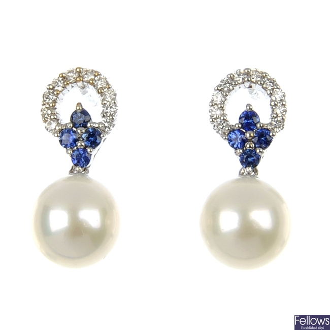 A pair of 18ct gold cultured pearl, sapphire and diamond ear pendants.