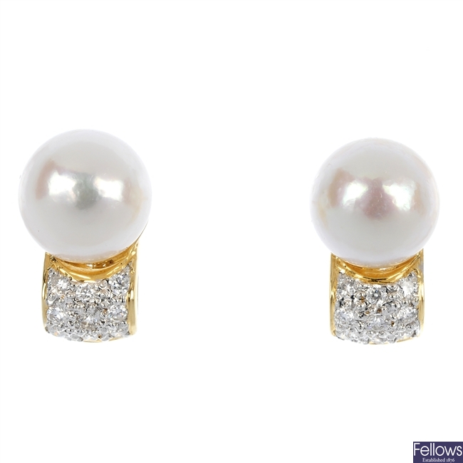 A pair of 18ct gold cultured pearl and diamond earrings. 