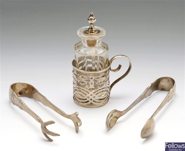 Victorian condiment bottle and two sugar nips.