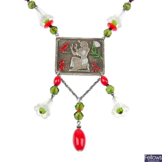 An early 20th century Egyptian revival composite paste necklace.