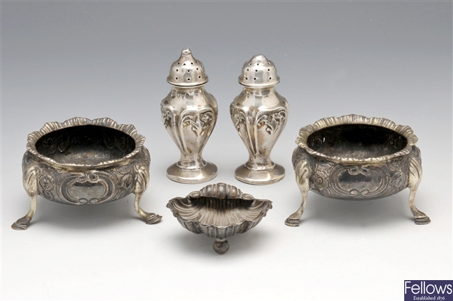 A pair of Victorian silver open salts, etc.