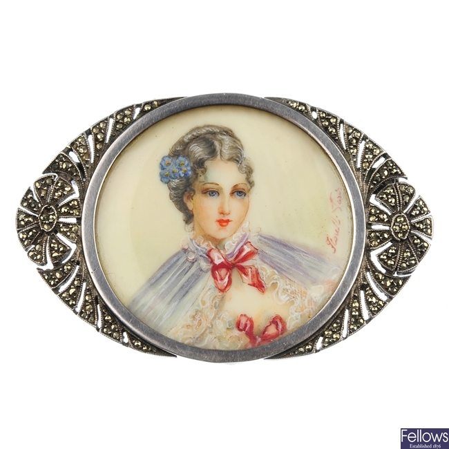 An early 20th century continental miniature portrait marcasite brooch.