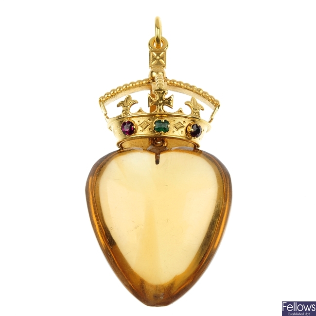 A multi-gem crown pendant. 