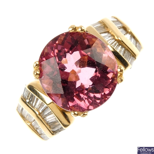 A pink tourmaline and diamond ring.