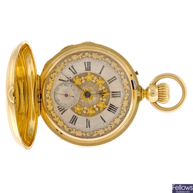 An 18k gold keyless wind full hunter Grande Sonnerie repeater pocket watch by Courvoiser Freres.