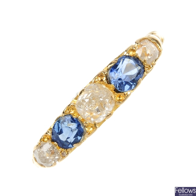 A late Victorian 18ct gold diamond and sapphire five-stone ring.