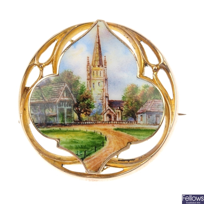 An early 20th century 9ct gold painted porcelain brooch.