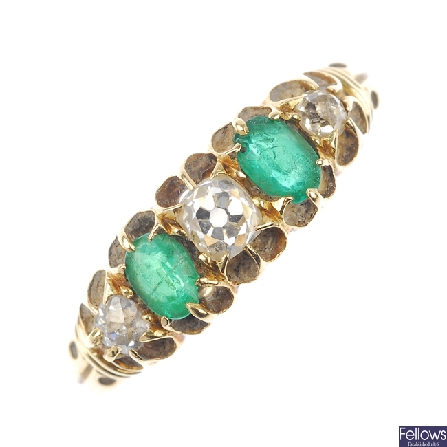  A late Victorian 18ct gold emerald and diamond five-stone ring. 