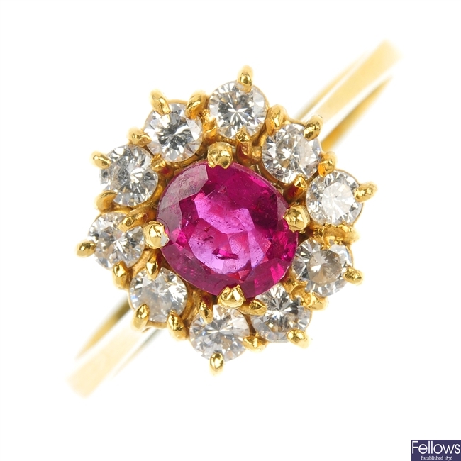 A ruby and diamond cluster ring.