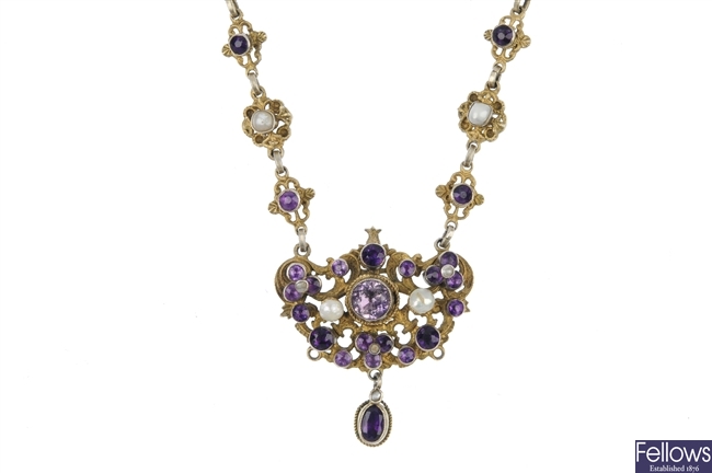 An amethyst and cultured pearl Czech necklace.
