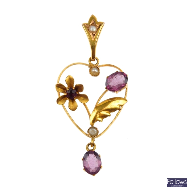 An early 20th century amethyst and seed pearl pendant