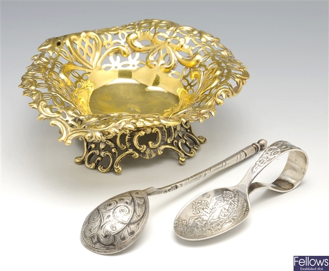Victorian silver bonbon dish, child's spoons and Russian spoon.