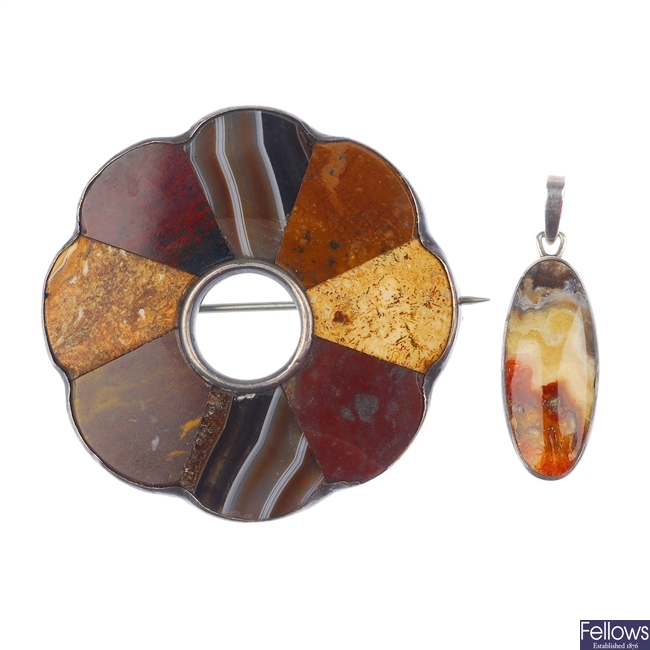 A selection of three late 19th century Scottish hardstone brooches and an agate pendant.