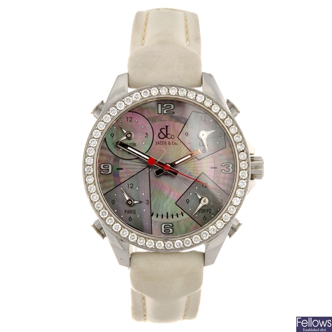 A stainless steel quartz gentleman's Jacob & Co Five Time Zone JC MC13 wrist watch.