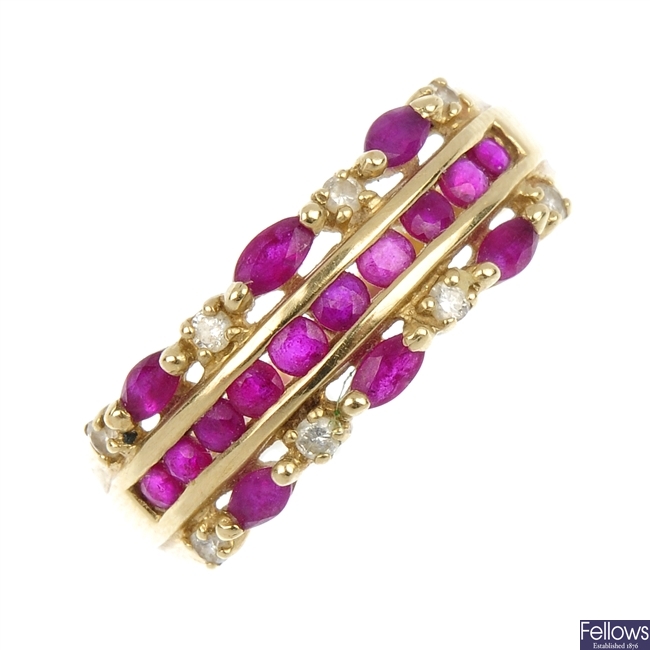 A 9ct gold ruby and diamond dress ring.