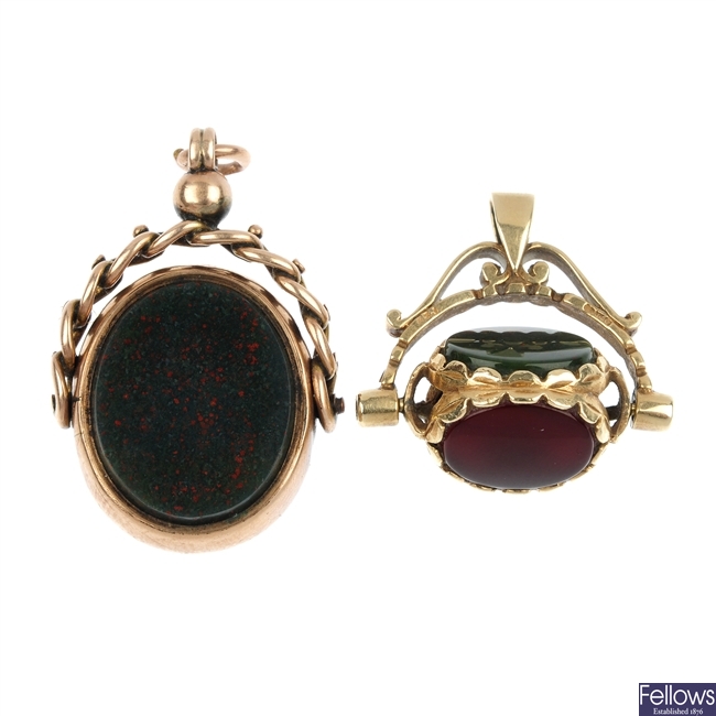 Two 9ct gold hardstone swivel fobs.