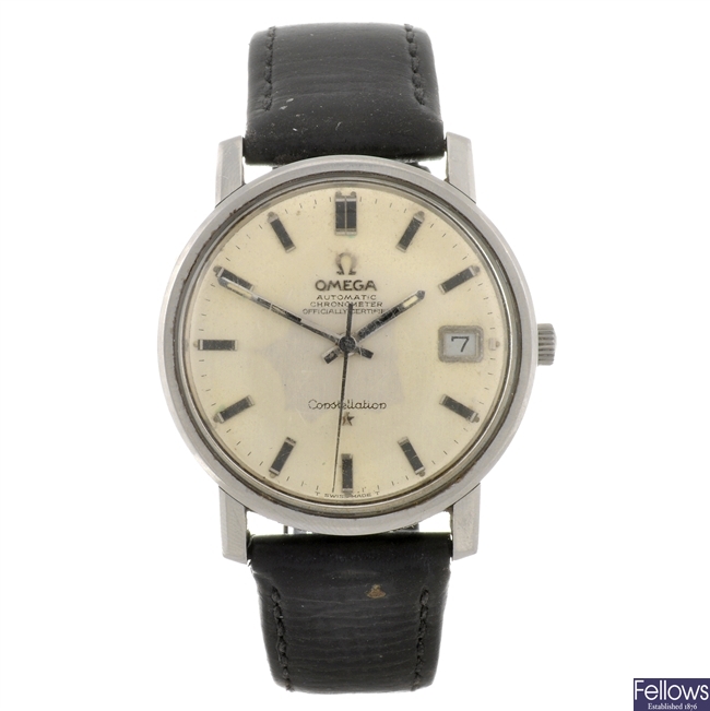 A stainless steel automatic gentleman's Omega constellation wrist watch.