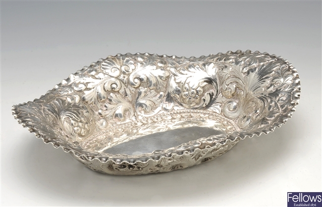 Victorian silver dish of oval form.